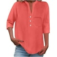 thumbnail image 2 of Women's V-Neck Long Sleeve Blouse with Pocket - Soft Cotton Linen Blend Casual Loose Fit T-Shirt Top, 2 of 7
