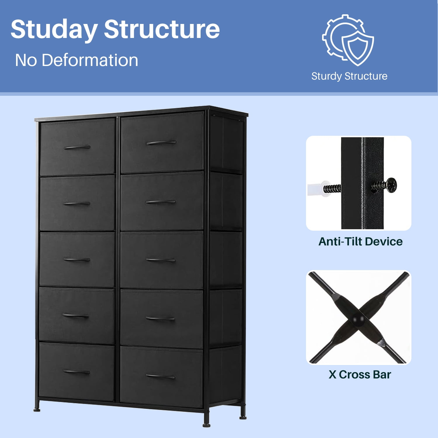 Simenmax 10 Drawer Dresser Organizer Storage Drawers, Chest of Drawers with Fabric Bin for Bedroom, Closet, Entryway,Black