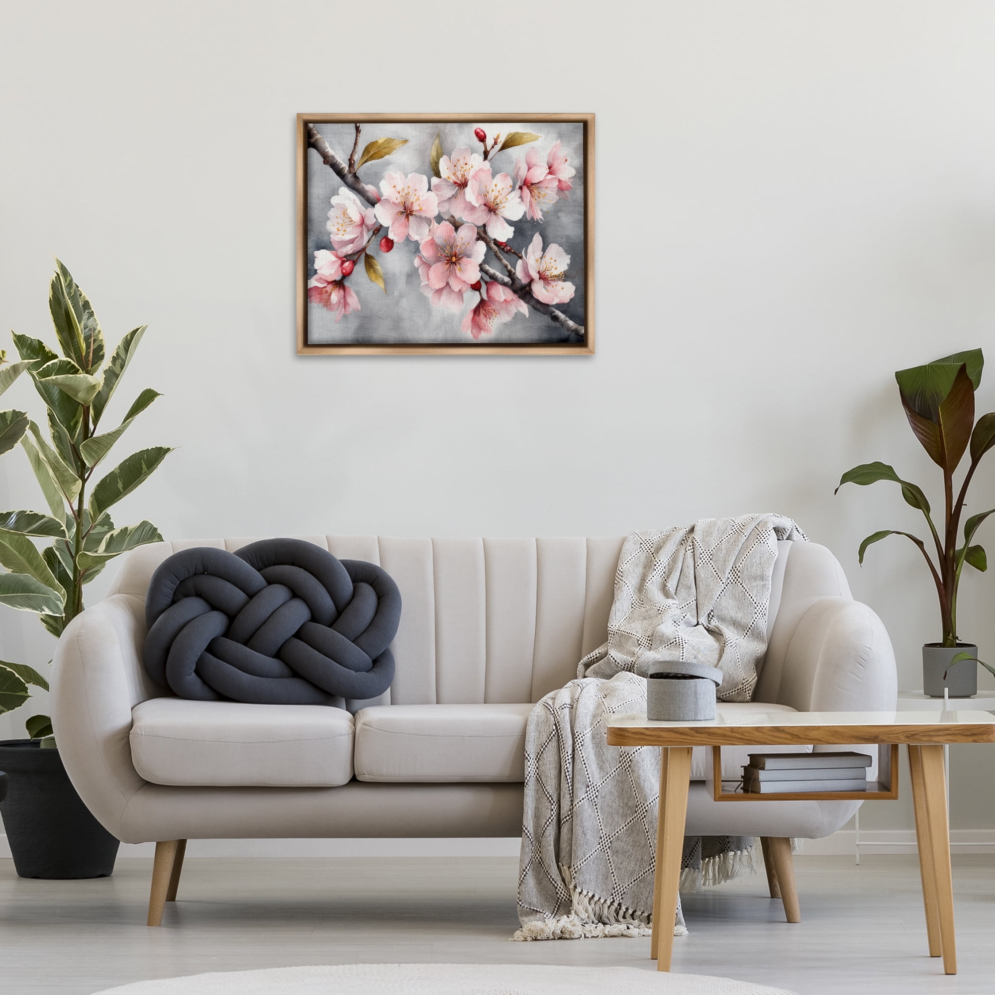 Stupell Industries Blossoms On Grey Botanical & Floral Painting Brown Floater Framed Art Print Wall Art, 31 x 25