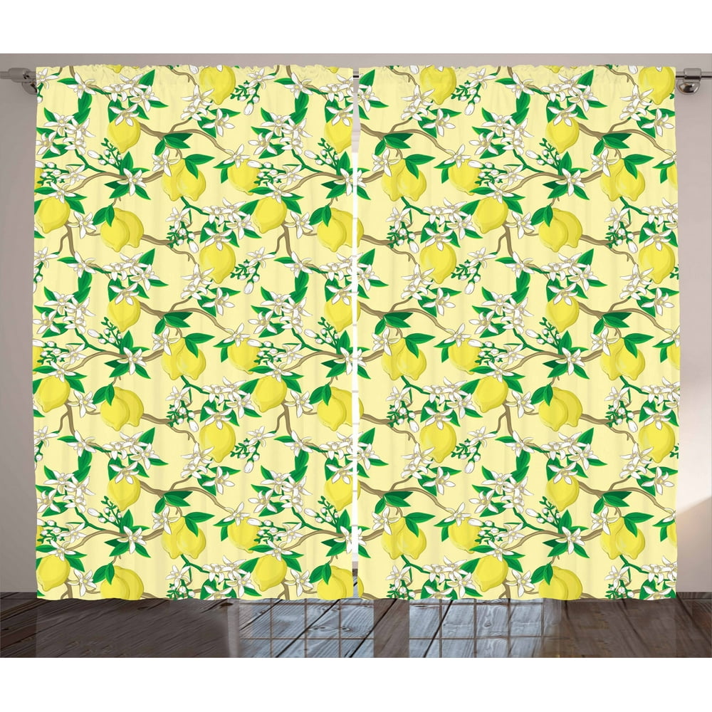 Lemons Curtains 2 Panels Set, Blooming Lemon Flowers on Tree Branches