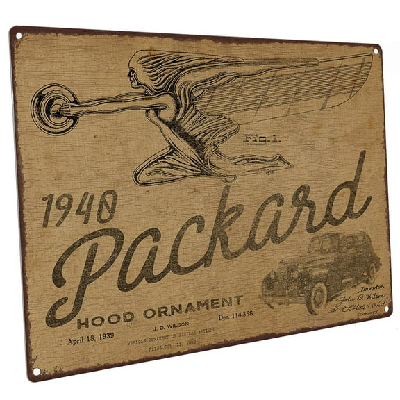 1940 Packcard Hood Ornament Patent Illustration 9"x12" Metal Sign, Wall Decor for Mancave, Den, or Gameroom