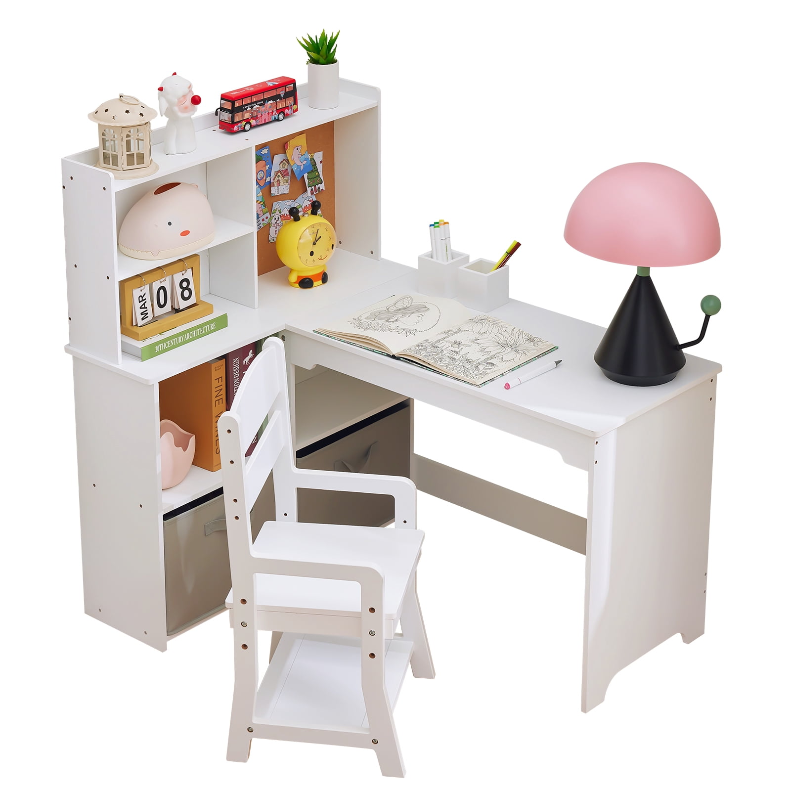 Kids Study Desk with Chair, Kids Desk and Chair Sets with Open Shelves and Cloth Drawers, L Shape Wooden Children Study Table, Student Writing Table