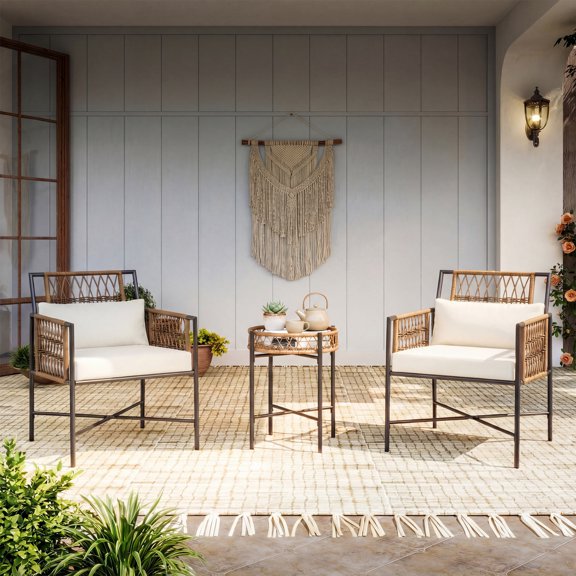 LAUSAINT HOME 3 Piece Metal Outdoor Bistro Set with Side Table and 2 Chairs, Beige Cushions