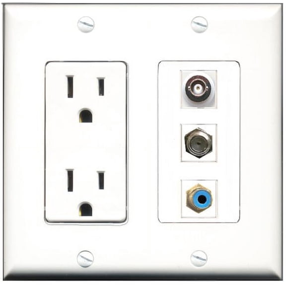 RiteAV - 15 Amp Power Outlet 1 Port RCA Blue 1 Port Coax 1 Port BNC Decorative Wall Plate
