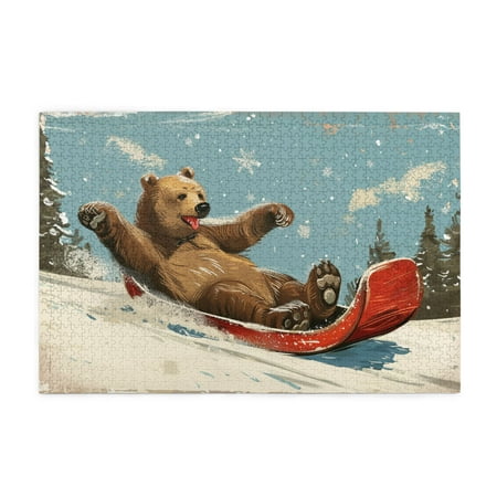 1000 PCS Jigsaw Puzzles 1000 Pieces Bear Skiing Impossible Hard Difficult Challenging Puzzles For Adults Modern Style Bear Skiing Art Wooden Puzzle 1000 Piece Creative Activity Hobbies For Adults