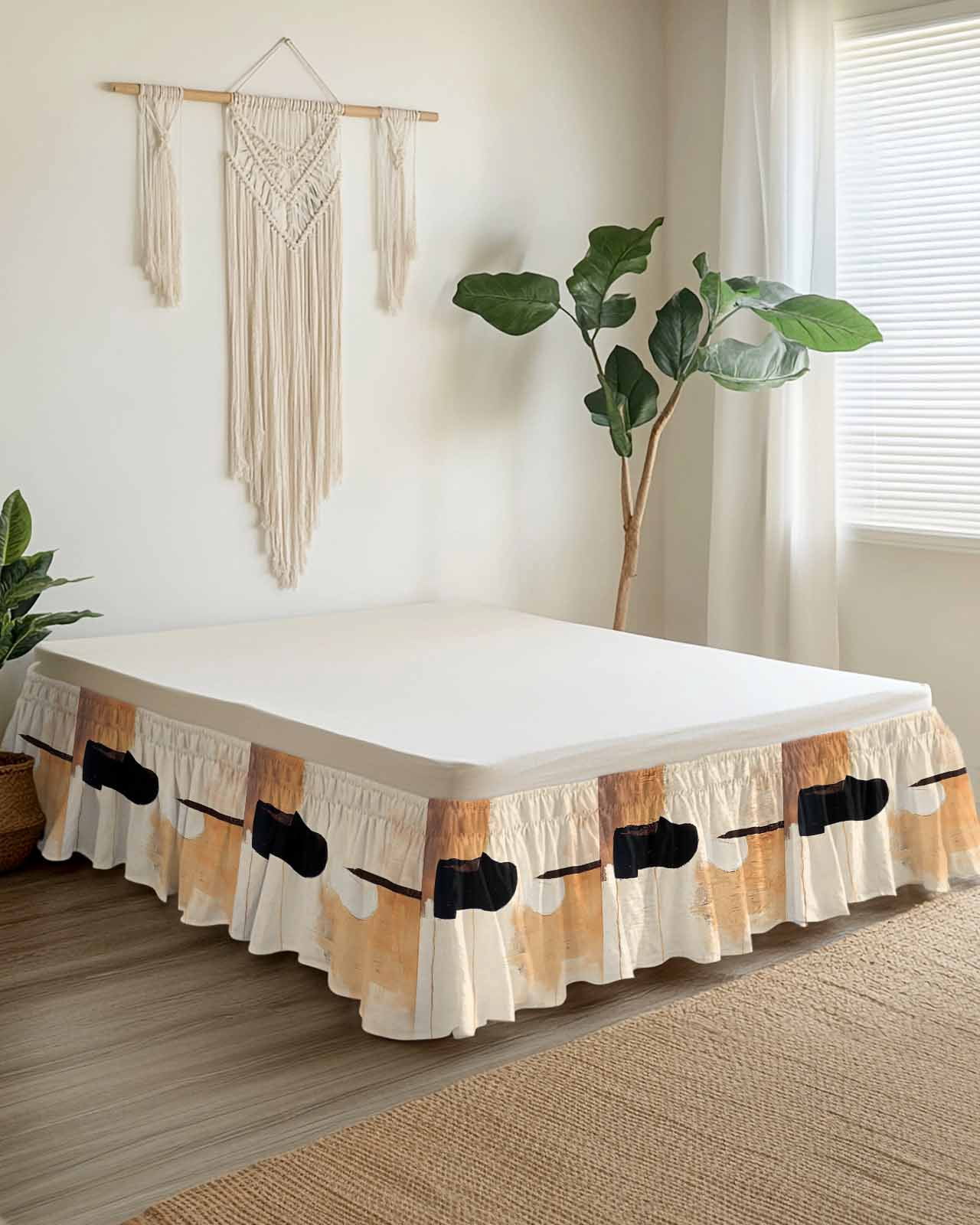 Beige Black Ruffle Bed Skirt California King Size Abstract Art Mottled Graffiti Color Block Modern Adjustable Elastic Dust Bed Skirts Wrap Around Bedskirt Wrinkle Free Easy Fit with 18 Inch Drop