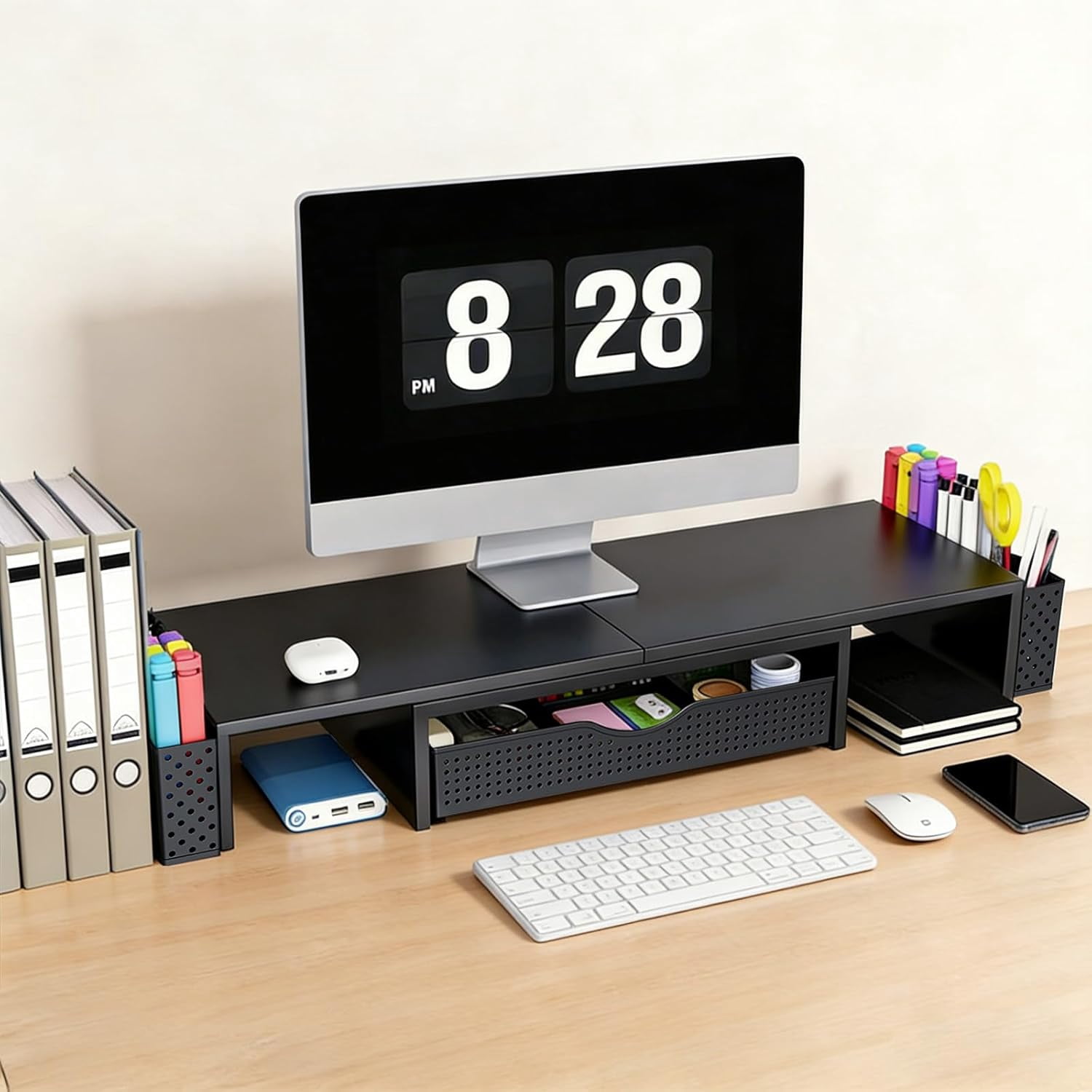 Metal Desk Organizers and Accessories, Dual Monitor Stand Riser with Drawer and 2 Pen Holders, Desk Accessories & Workspace Desktop Organizers for Office Supplies (Dark Gree)