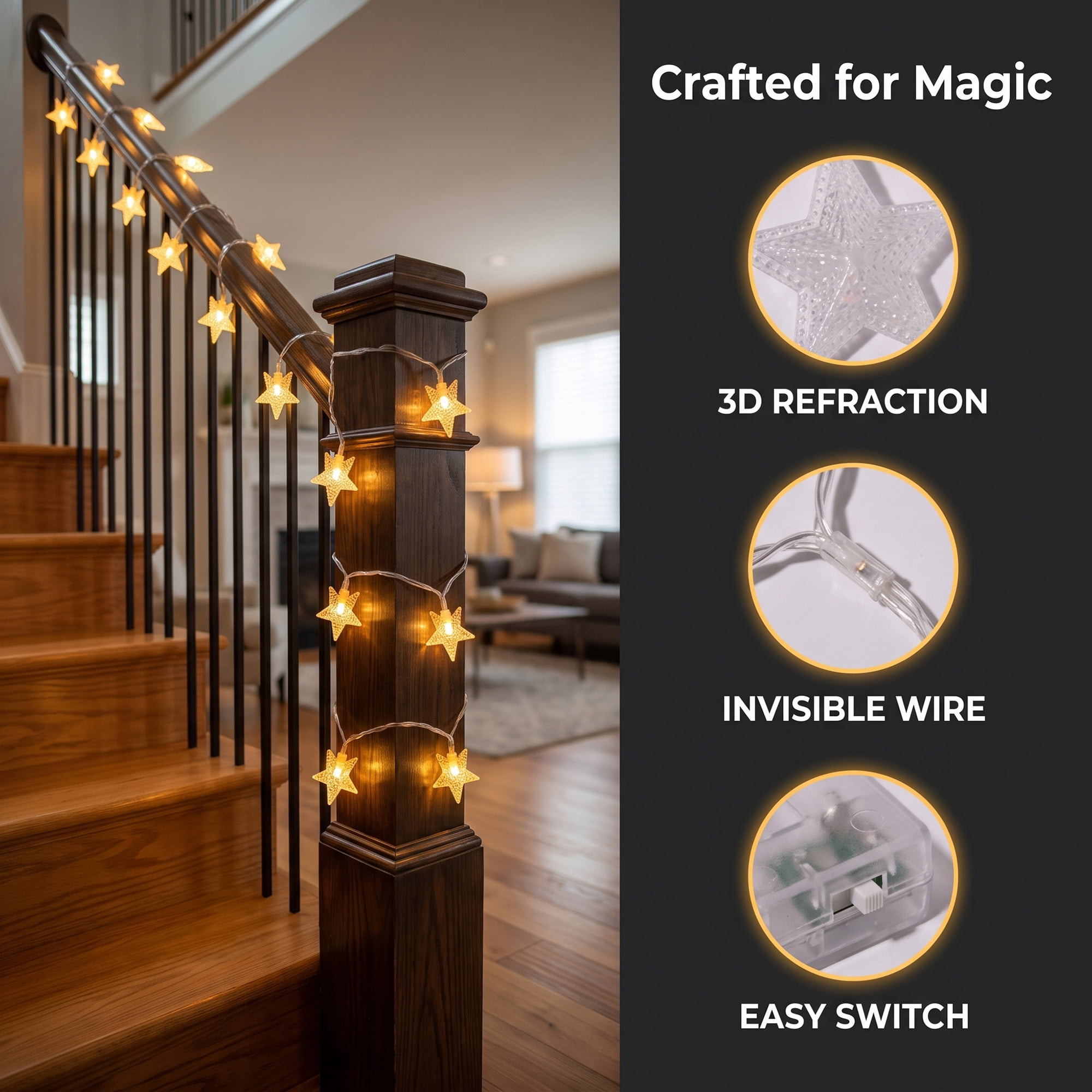 Unique Bargains 3D Star Lights with Flexible Design 9.8 ft Warm White Battery Operated