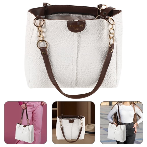 Milisten 1Pack Woven Tote Bag for Women White PU Daily Use Organized Interior Vacation Work