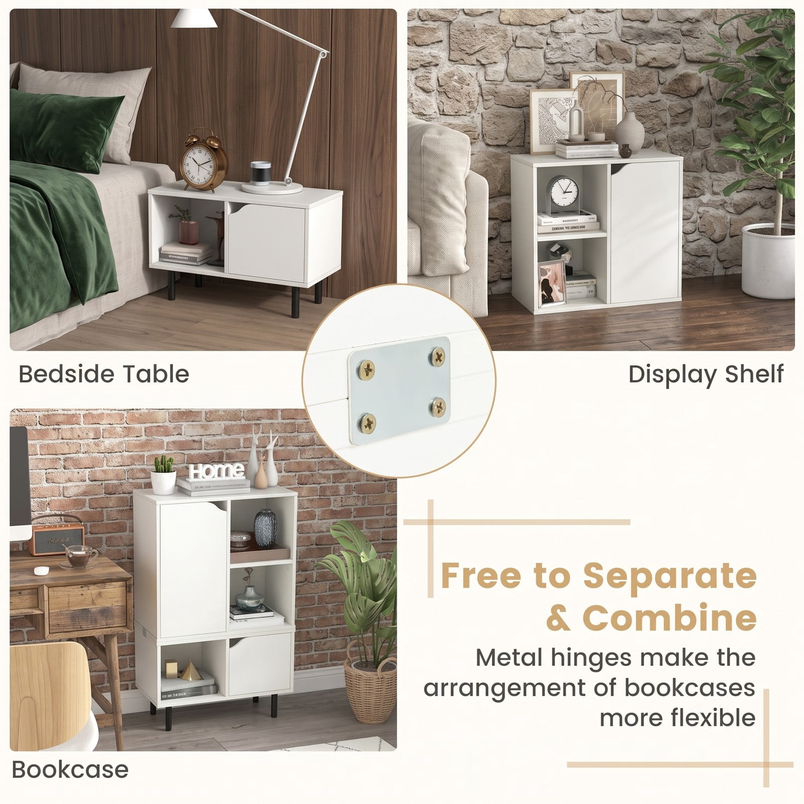 Furnibear Stackable Bookcase with Adjustable Shelf and Storage Cubes, Modern Wood Bookshelf with Enclosed Cabinet and Open Cube Display for Living Room Bedroom, White