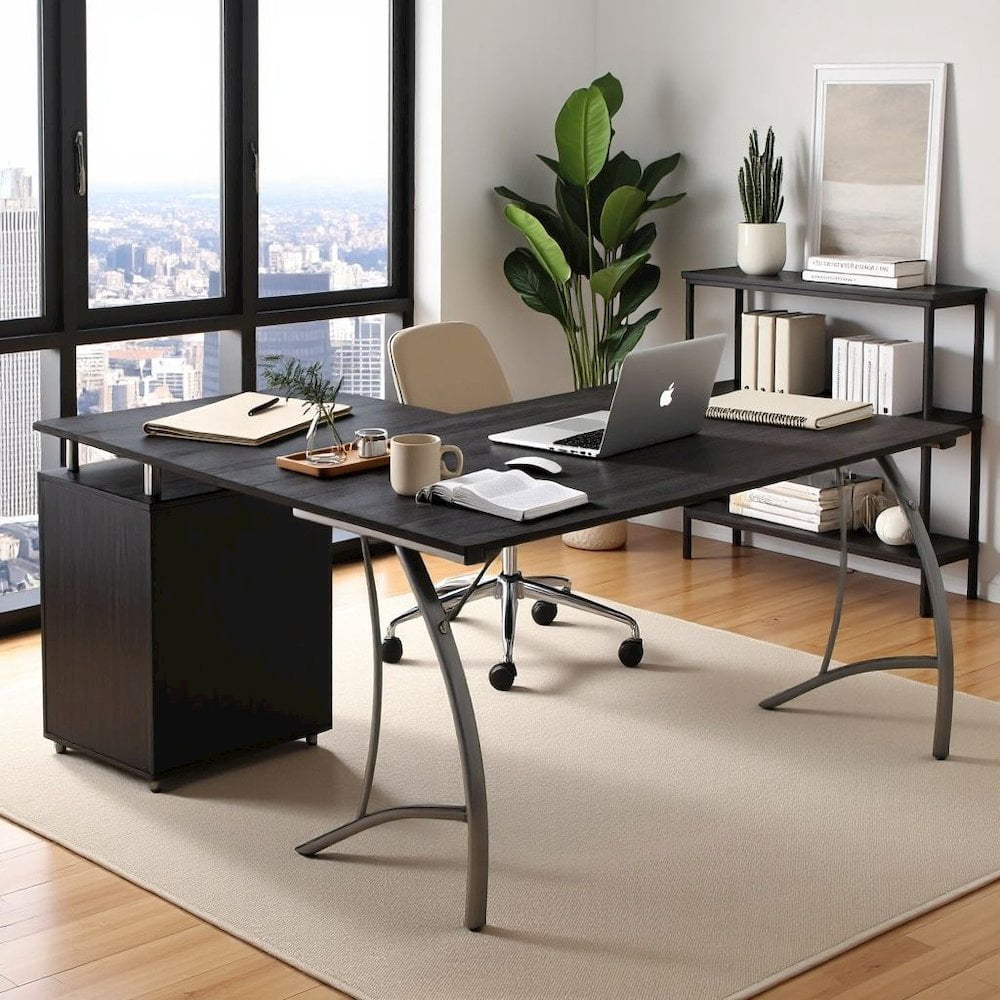 FurniFact Brown L Shaped Desk With 3 Drawers, Steel Frame Corner Computer Desk