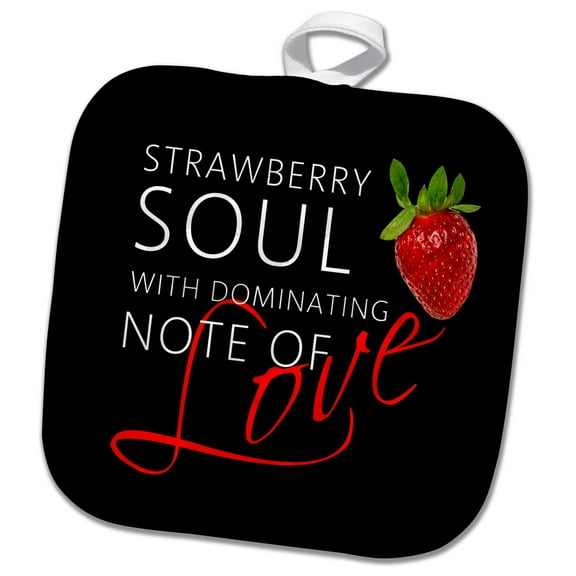 3dRose, Strawberry soul with dominating note of love. Black background, 8x8 Potholder