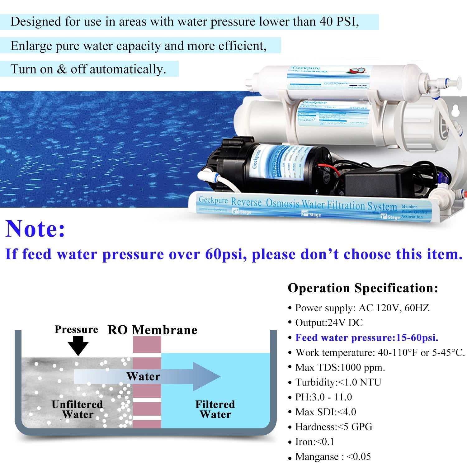Geekpure 5-Stage Reverse Osmosis Water Filter System with Booster Pump and Extra 4 Filters-75GPD