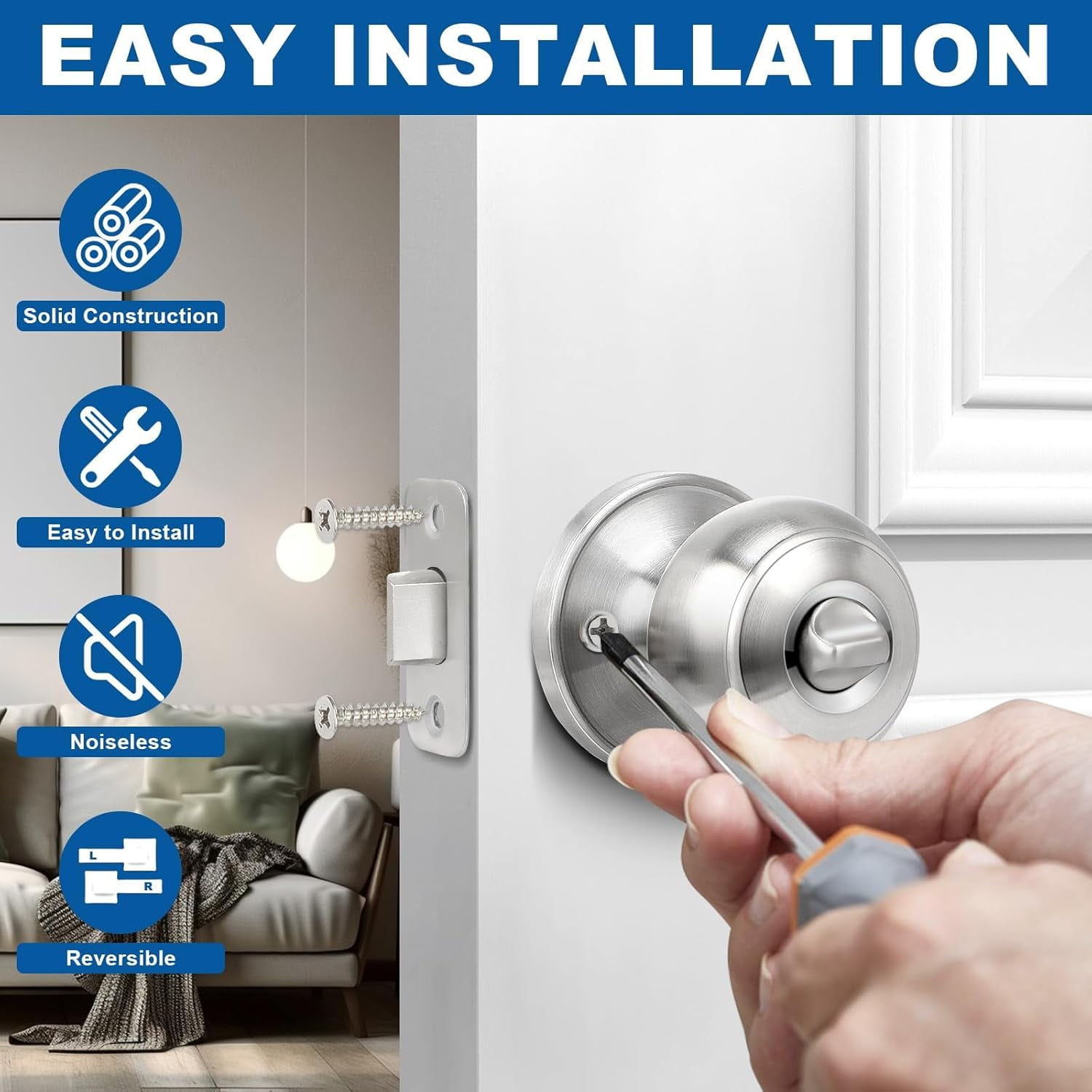 Privacy Door Knob, 10 Pack Brushed Nickel Round Keyless Doorknobs Interior/Exterior Lockset, Privacy Locking Door Knobs for Bedroom/Bathroom, Modern Design Door Hardware