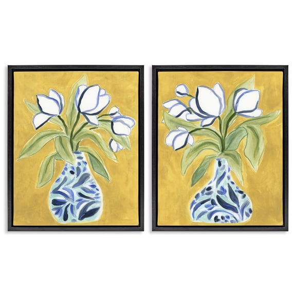 Stupell Industries Tulip Vases on Yellow Floral Painting Black Floater Framed Canvas Art Print Wall Art, 17 x 21, Set of 2