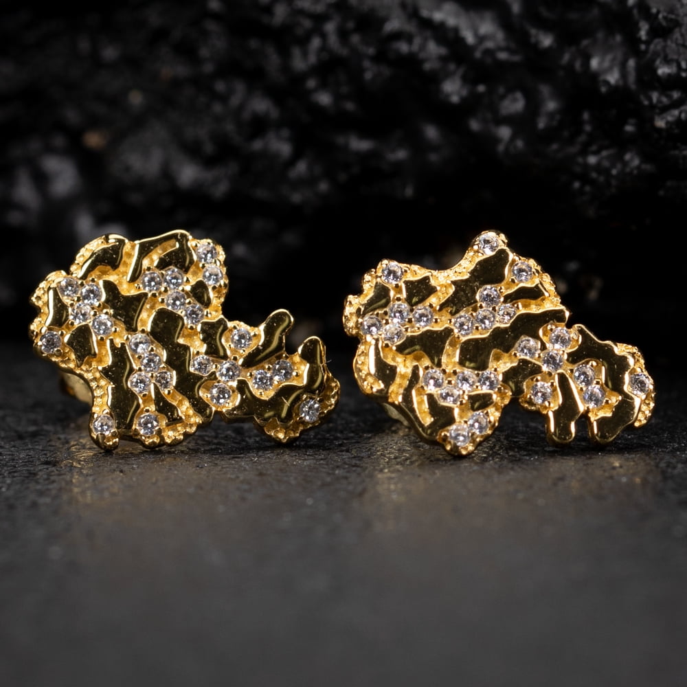 Solid 14K Yellow Gold Plated 925 Sterling Silver Screw Back Post Men’s Diamond Cut Stud Cz Retro 90's Hip Hop Iced Solid Nugget Earrings