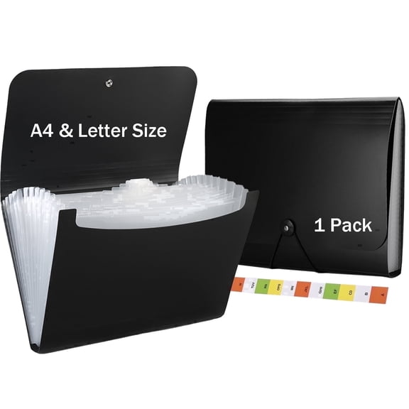 TOSYOFFI Expanding File Folder, 13 Pocket Accordion Folder, Black Plastic, A4/Letter Size, 350 Sheet Capacity, Document Organizer with Index Labels for Office Teacher Home - 1 Pack