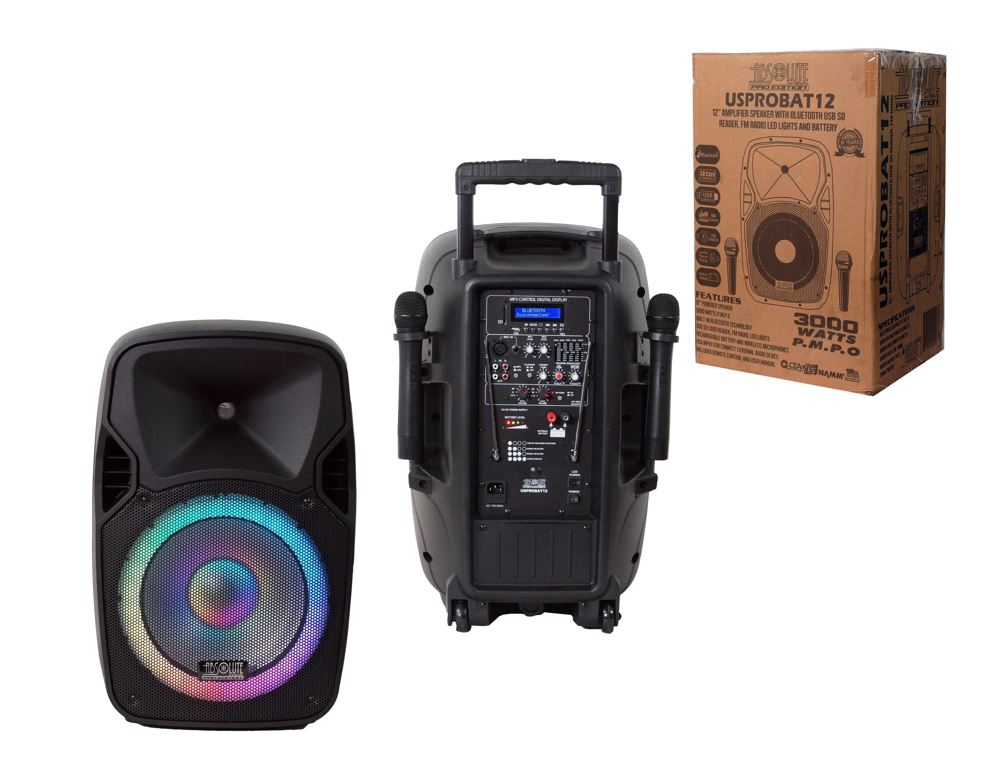 Absolute USPROBAT12 3000 Watts Max Pro PA DJ Active Battery Power Speaker + Speaker Stand