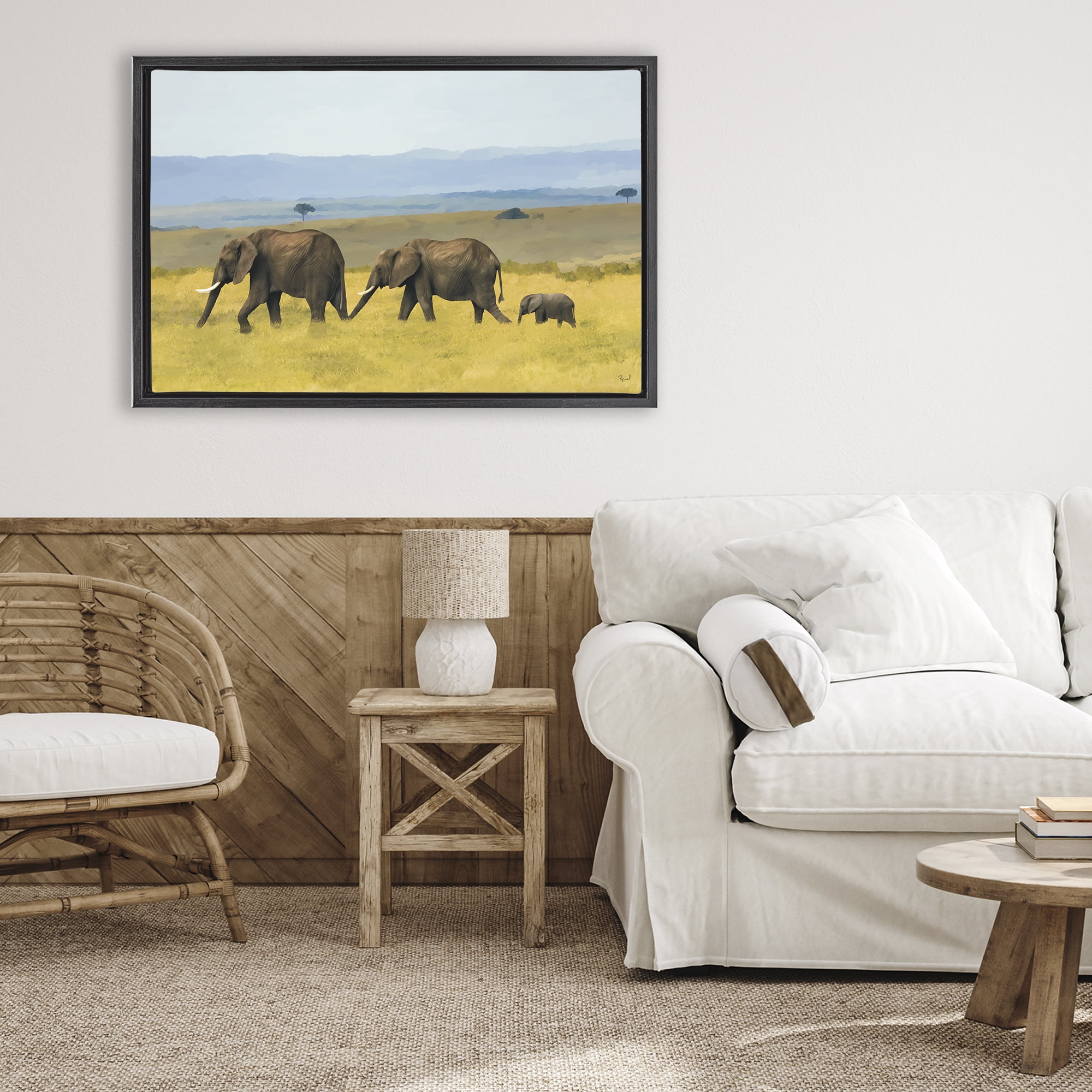 Stupell Industries Elephants In The Grassland Black Framed Floater Canvas Wall Art, design by Renel Peters