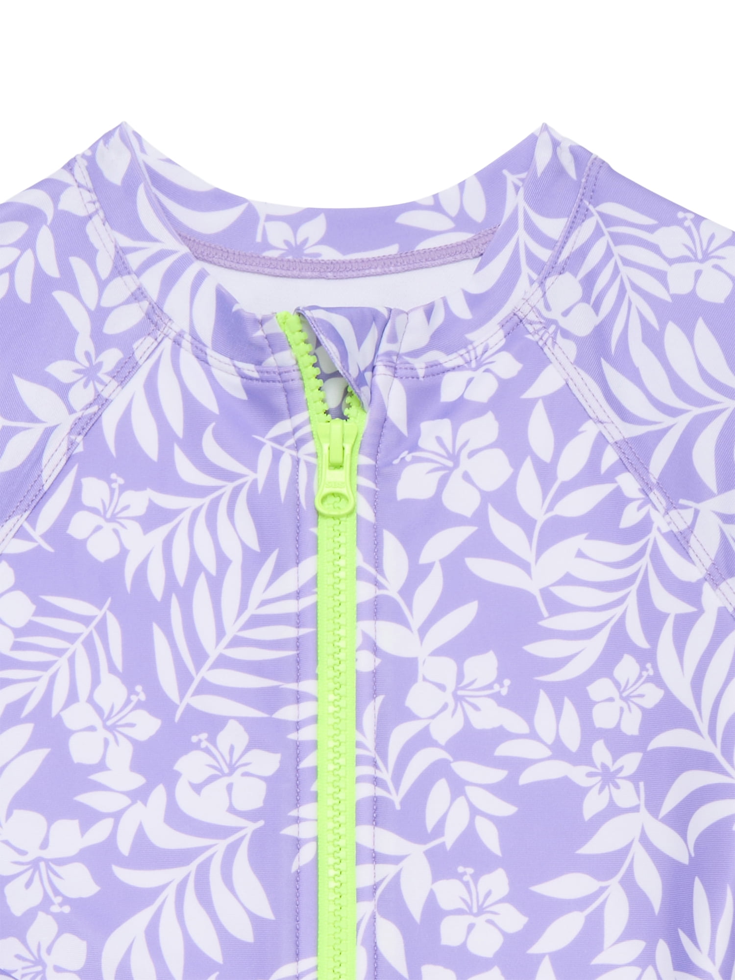 Wonder Nation Girls Zip Up Rash Guard One Piece Swimsuit with Long Sleeves, Sizes 4-16