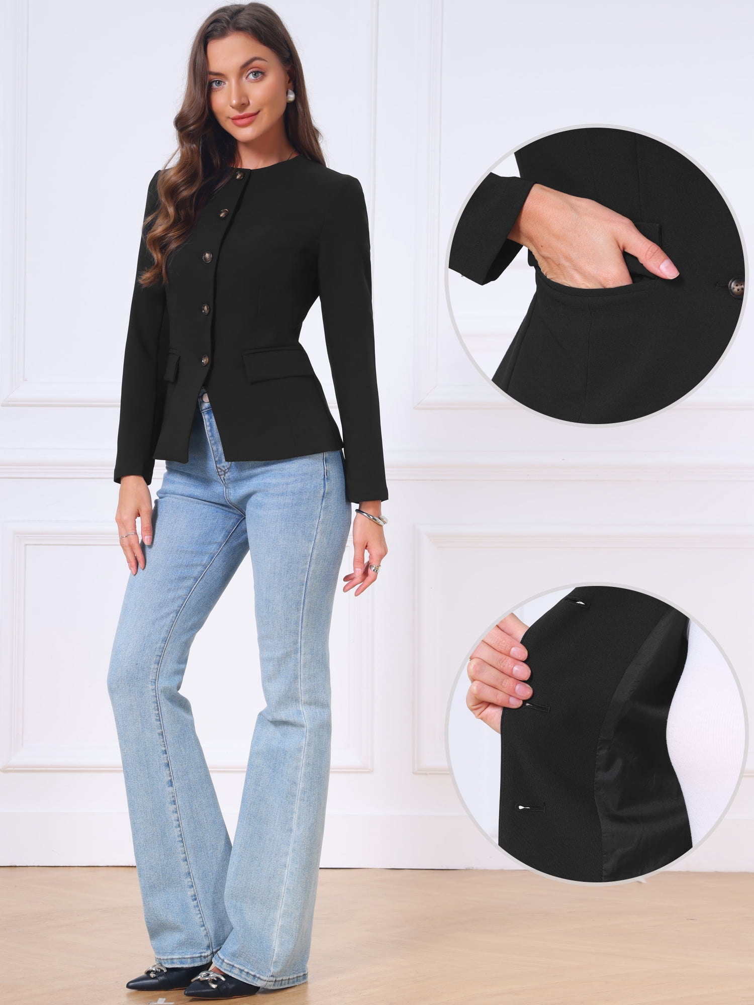 DARING DIVA Women's Collarless Blazers Button Down Fitted Blazer XL Black