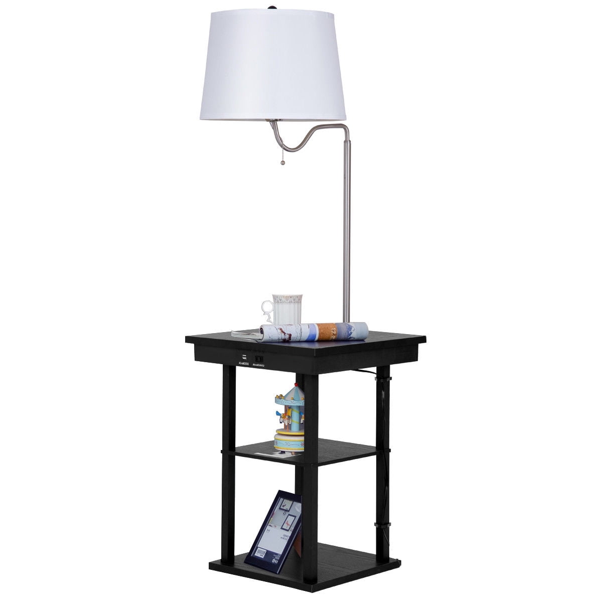Gymax Floor Lamp Swing Arm Lamp Built In End Table W Shade 2