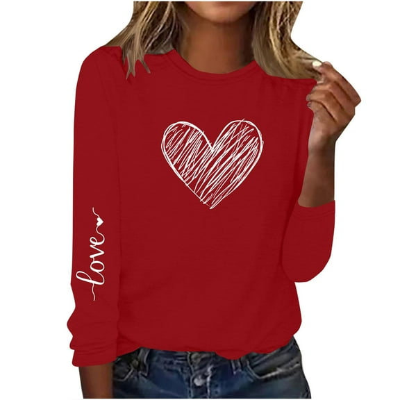 mihongmao Valentine Tops for Women Long-Sleeved Round Neck Pullover Casual Printed Fashion Top T-Shirt Red M