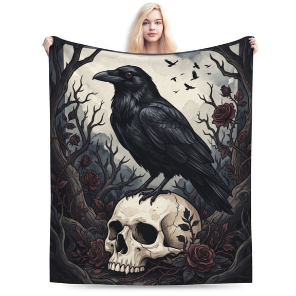 Skull Blanket, Skeleton Throw Blanket, Crow Gift for Men & Women, Super Soft Cozy Plush Fluffy Fuzzy Flannel Blanket, Halloween Home Decor 50x40