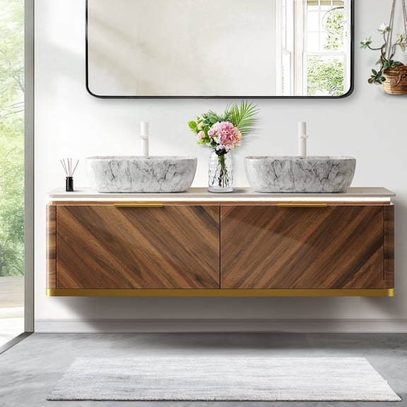 60" Bathroom Vanity with Sensor Light, Floating Plywood Bathroom Vanity & Sintered Stone Top - Bathroom Vanity with Sinks, Ceramic Vessel Basins Bathroom Sink - Dark Walnut Wood Grain Drawers Vanity