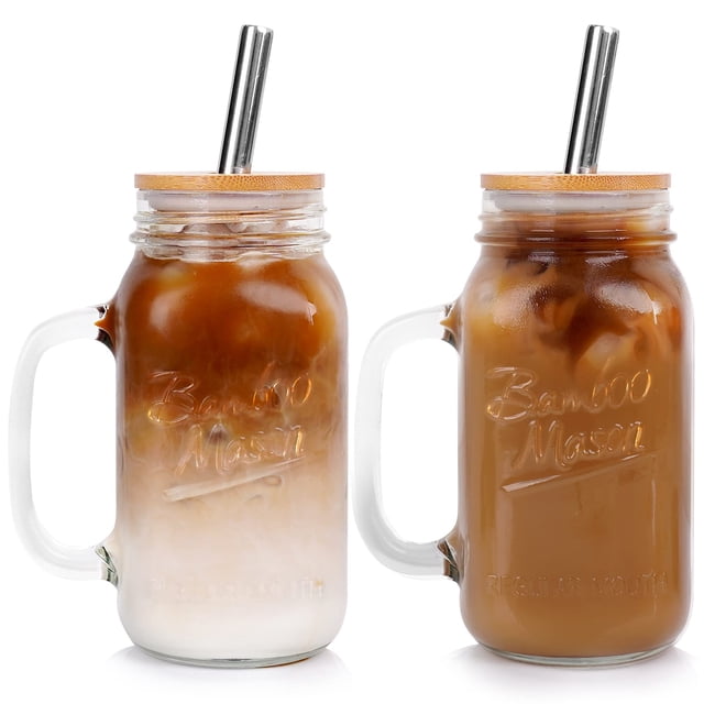 Mason Jar ANOTION 710 ml con tapa, pajita y mango de vidrio de bambú