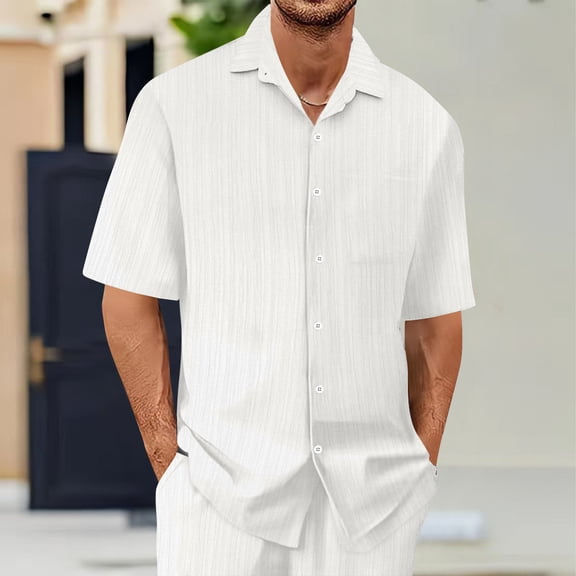 Men's Short Sleeve Shirt, Casual Turn-Down Collar Button Up Polyester Top for Summer