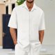 thumbnail image 1 of pstuiky camisetas de hombre, Conjunto informal de verano para hombre, de color liso, de manga corta, con solapa y cordón elástico en la cintura. camisetas de hombre l, 1 of 3
