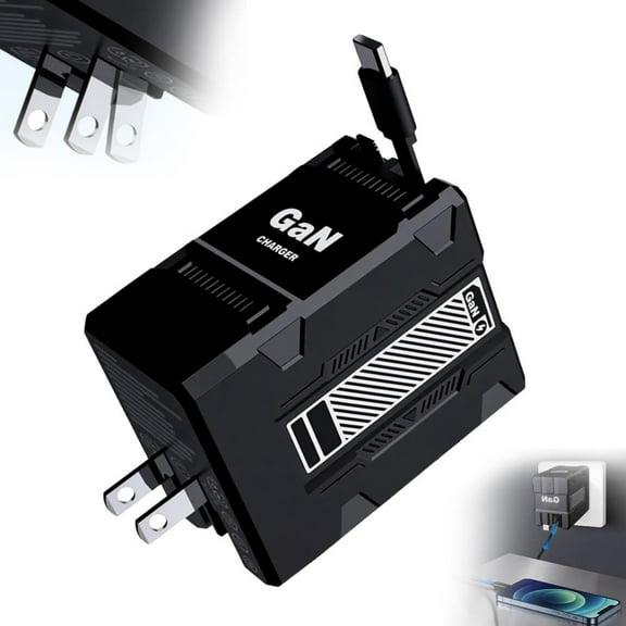 2 in 1 120w Fast Charger, 2025 New Retractable Foldable Fast Charger Module with Type-C and L Cables, All in One Charging Adapter Wall Plug for Phone, Tablet, Laptops (Black)