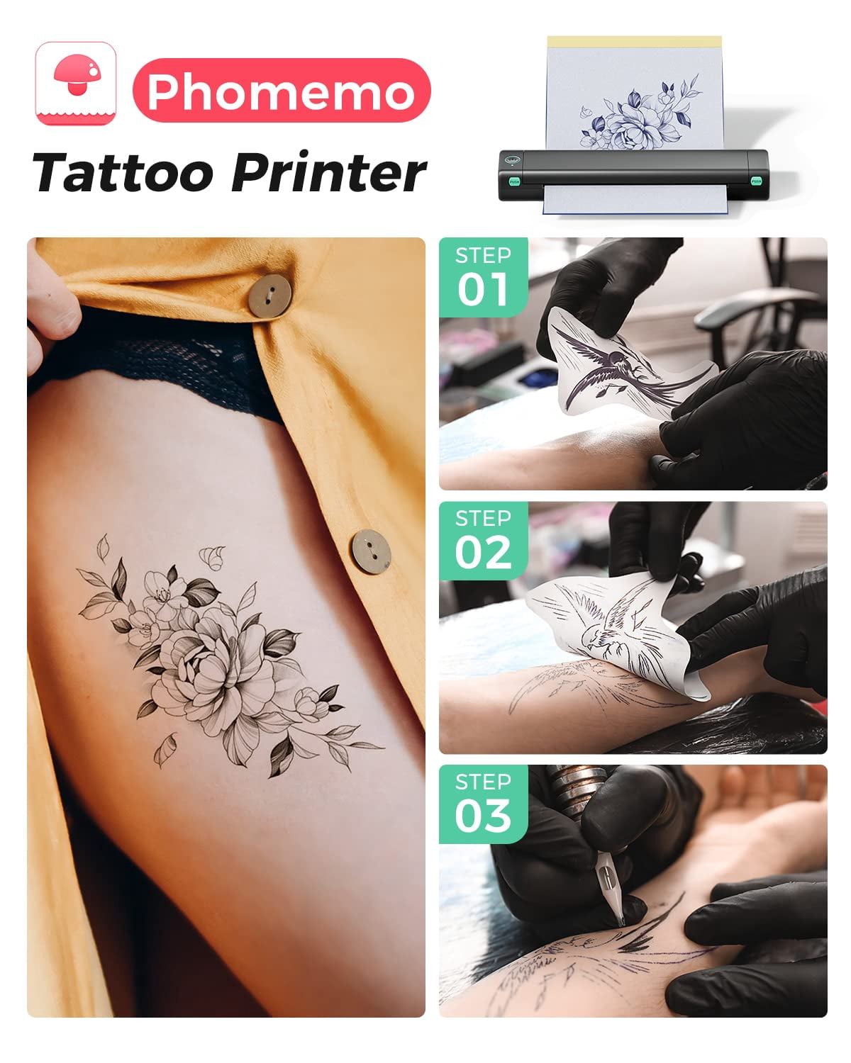 Phomemo M08F Wireless Tattoo Transfer Printer, Thermal Tattoo Machine with 10pcs Free Transfer Paper for Tattoo Artists & Beginners, Compatible with Smartphone & PC, Black & Green