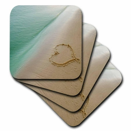 Carved Ceramic (3dRose Heart Shape Symbolizing Love, Heart Carved in Sand on the Beach, Ceramic Tile Coasters, set of)