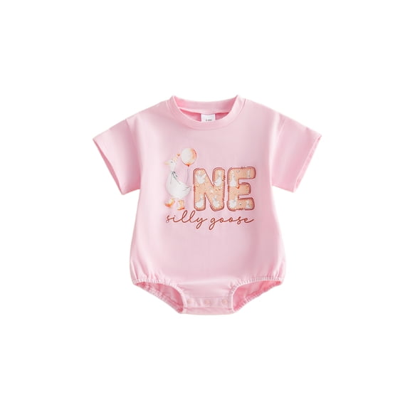 BemeyourBBs Baby Girl First Birthday Outfits Silly Goose Bubble Romper One Years Old 1st Birthday Clothes Goose Balloon Letter Print Short Sleeve Bodysuit Casual Summer Spring Clothes
