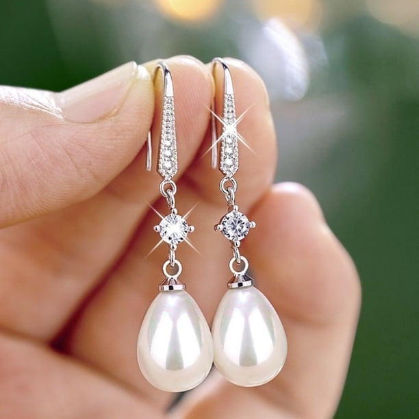 Pendientes de perlas artificiales en forma de gota barrocas para mujer, elegantes pendientes de novia con incrustaciones de diamantes a juego