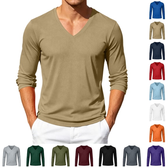 hoksml Men's Waffle Knit V Neck Long Sleeve T-Shirt, Solid Breathable Mesh Casual Basic Top, Light Loose Cut Tee in Classic Colors