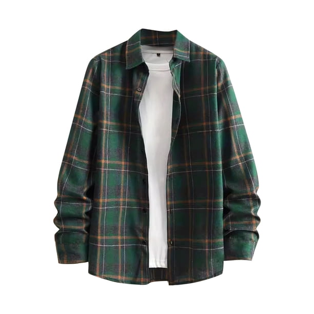 Blusa y camisa de manga larga con cuello vuelto para hombre, informal, con botones y bolsillos, camisa de manga larga a cuadros, abrigo de lino para hombre