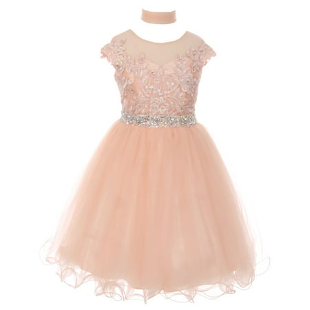 Girls Blush Sequin Lace Tulle Bejeweled Junior Bridesmaid Dress 8-16