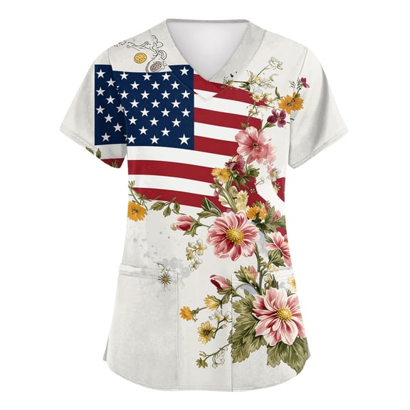 Trgacdwlo S-5XL Plus Size 4th of July Womens Scrub Tops Stretchy V Neck Short Sleeve America 250th Anniversary Nurse Working Uniforms with Pocket