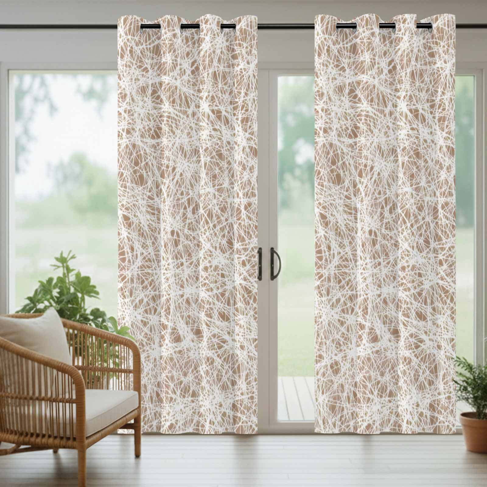 Abstract Fiber Line Outdoor Curtains for Patio, Spring Vibrant Brown White Art Cobweb Sunshade Privacy Drapes Grommet Waterproof Outside Curtains for Porch/Cabana/Balcony 54"x 108", 1 Panel