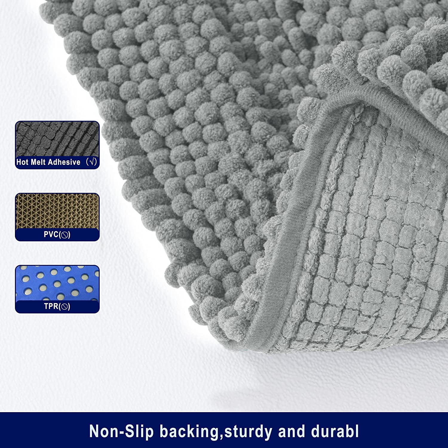 Subrtex Non-Slip Bathroom Rugs Chenille Soft Striped Plush Bath Mat (Light Gray, 20" x 32")
