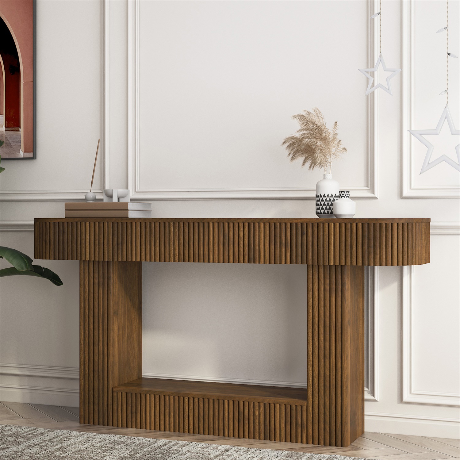 Hommoo 62.9-Inch Farmhouse Wooden Console Table, Rustic Rectangular Sofa Table for Living Room, Entryway, Hallway & Foyer, MDF Wood-Grain Accent Table with Leveling Feet, Walnut