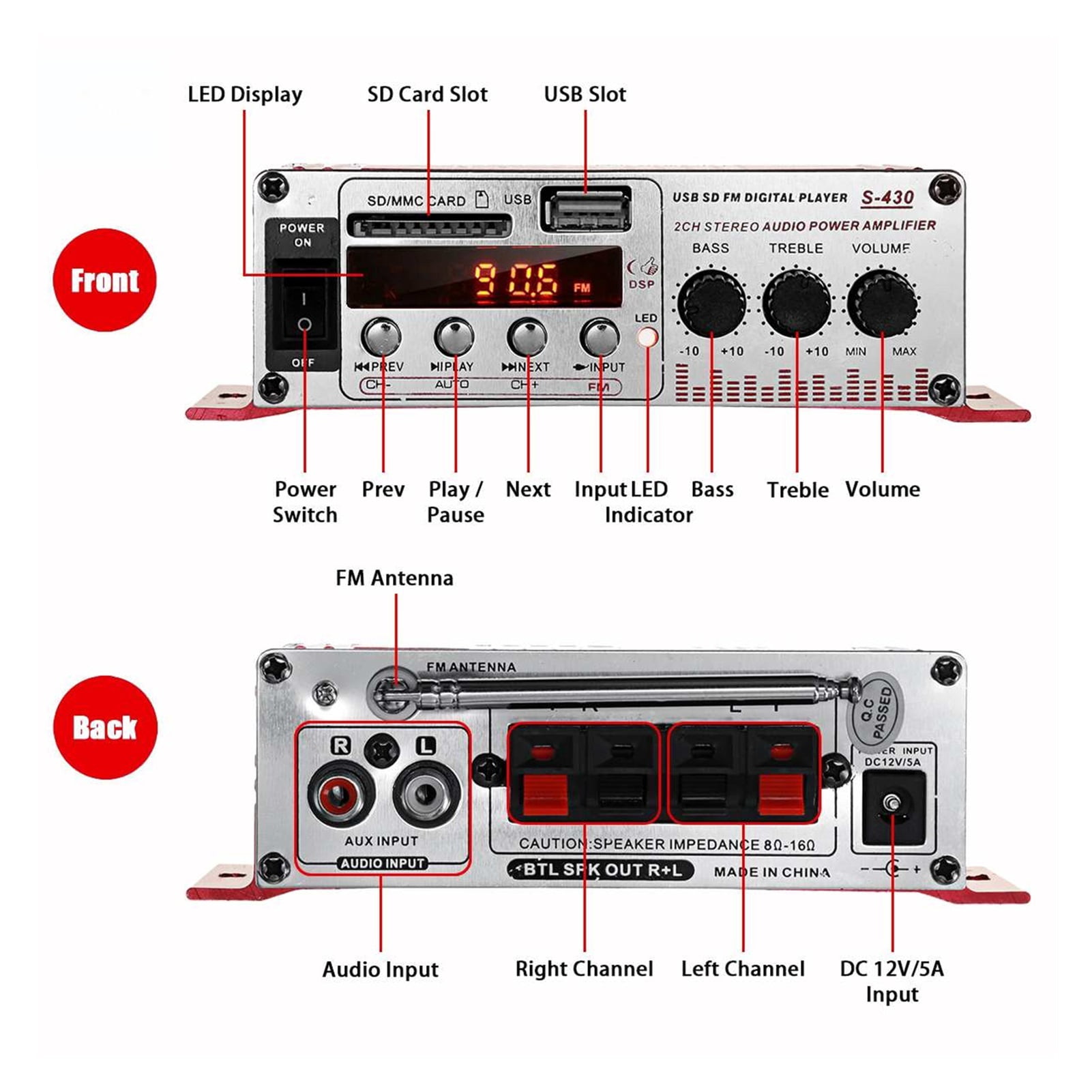 S430 600W Audio Home Digital Amplifiers LCD Display Car Audio Bass Power Amplifier FM USB SD Radio Subwoofer Speakers