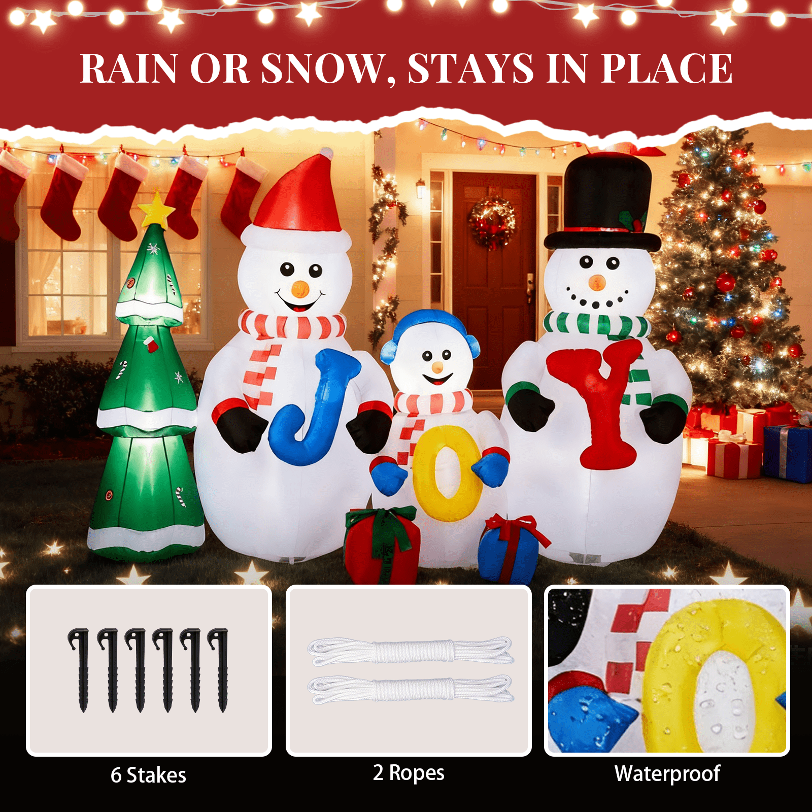 Astoutdoor 8 ft Lighted Christmas Inflatable Decoration, Snowman Family with JOY and Xmas Tree, Blow Up Yard Decor with Built-in LED Lights