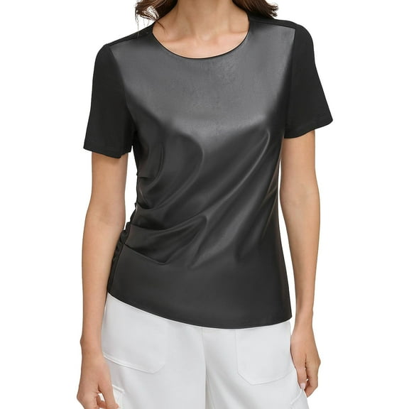 DKNY Womens Mixed Media Faux Leather Jersey Knit Pullover Blouse, Black, X-Small