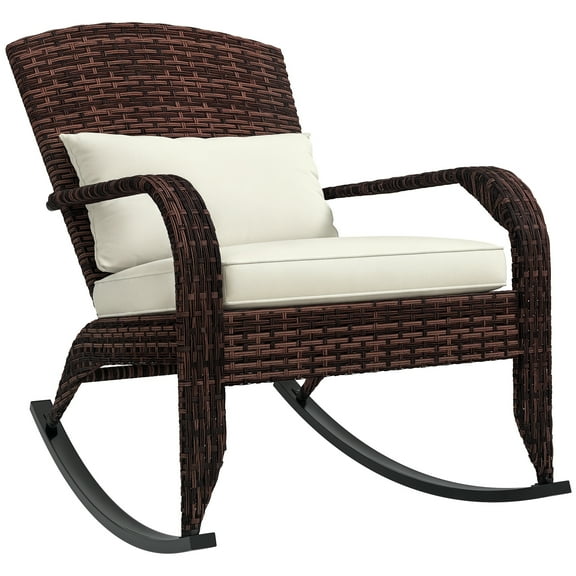 Outdoor Wicker Adirondack Rocking Chair, Patio Rattan Rocker Chair with High Back, Seat Cushion, and Pillow for Garden, Porch, Balcony, Cream White