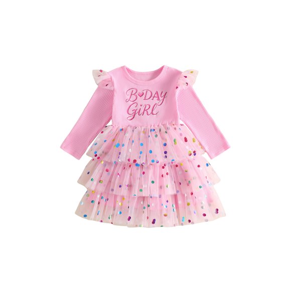Cjfdfy Toddler Baby Girl Birthday Dress Outfit Bday Girl Embroidery Ruffle Long Sleeve Tiered Tutu Dot Dress Little Girls Cake Smash Dress Fall Winter Outfit 1-5 Years