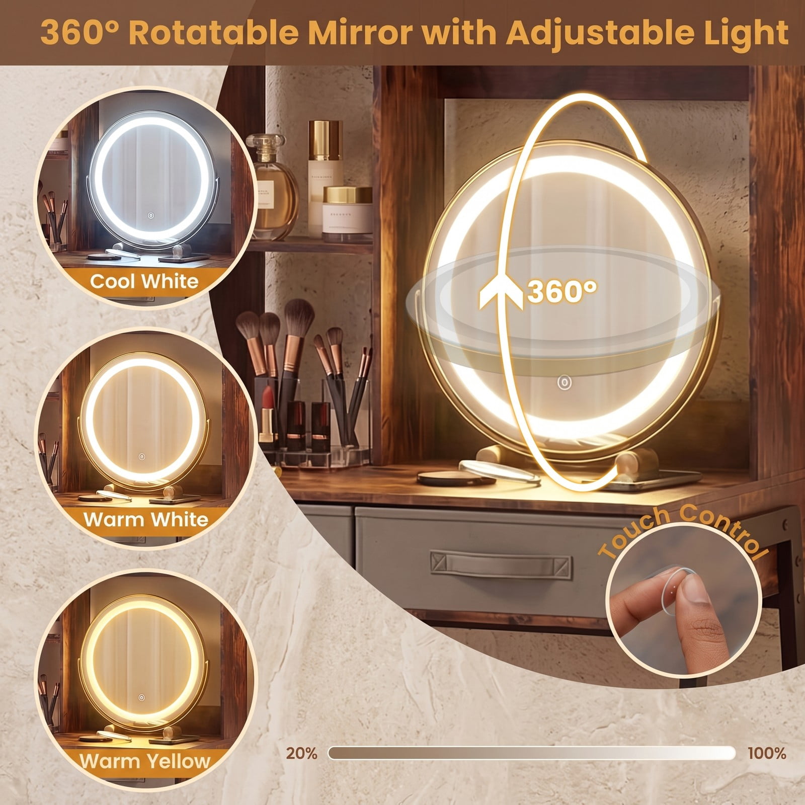 Furnibear Vanity Desk with 360 Degree Rotatable Lighted Mirror and Lighted Cabinet and Charging Storage Shelves, Rustic Brown